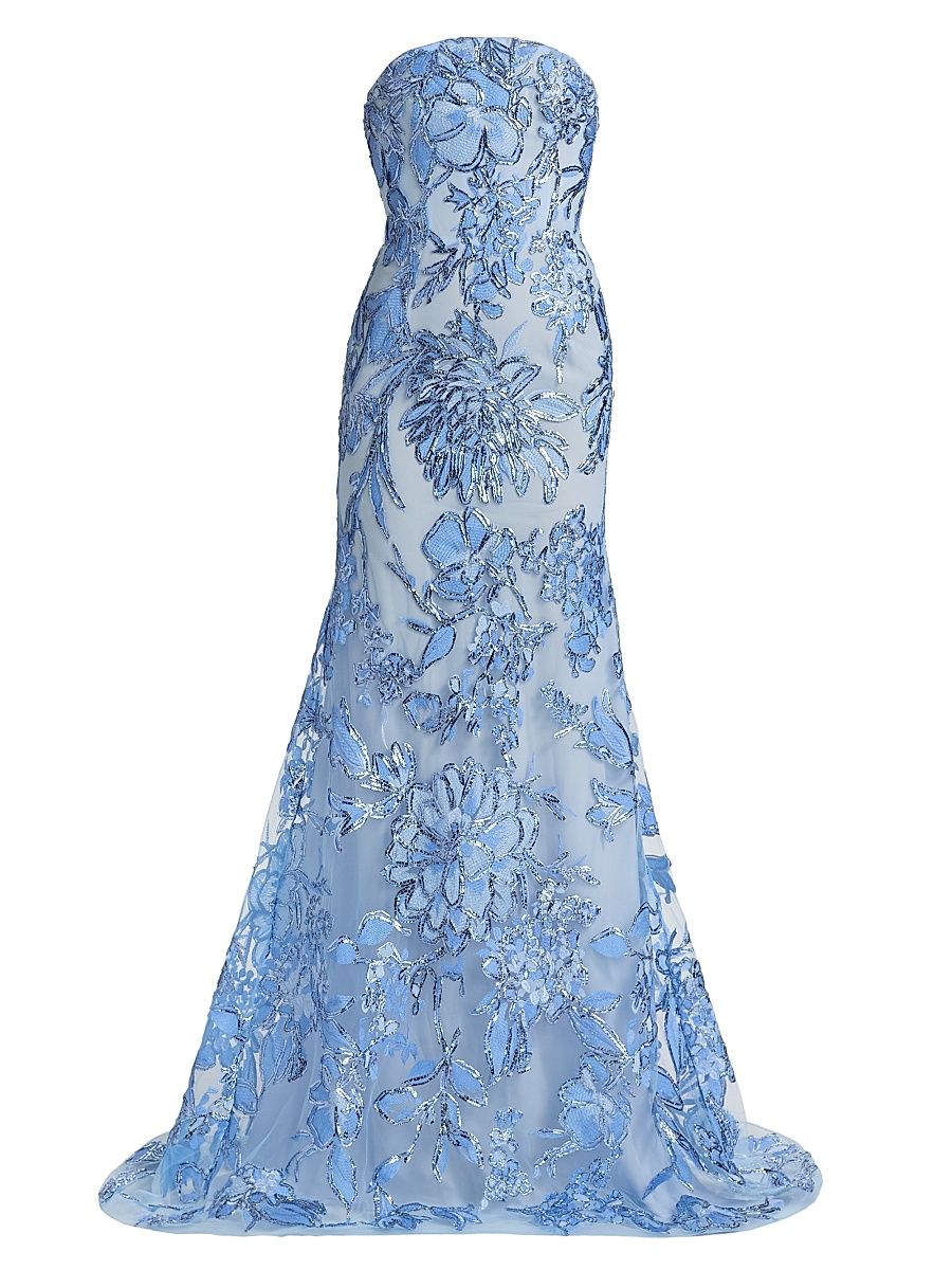 Women's Floral Fit-And-Flare Gown - Pale Blue And Silver - Size 0