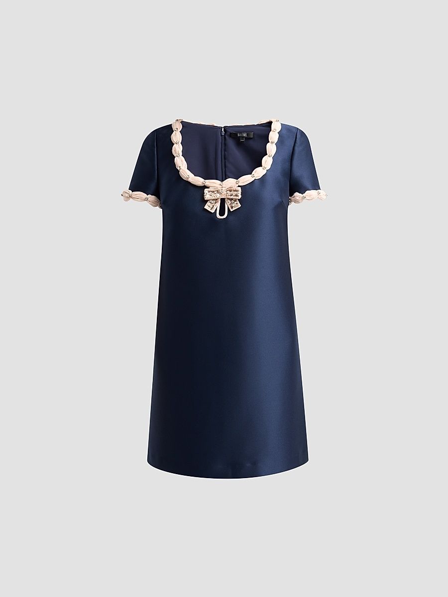 Women's Contrast Bow Mikado Shift Cocktail Dress - Navy - Size 16