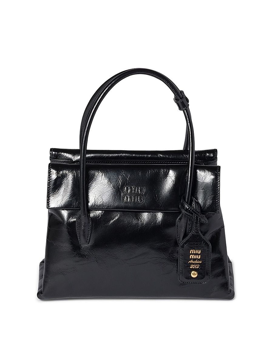 Women's Shiny Leather Top Handle Bag - Black