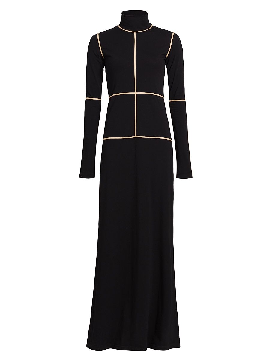 Women's Contrast Piped Cotton Jersey Maxi Dress - Black - Size Small