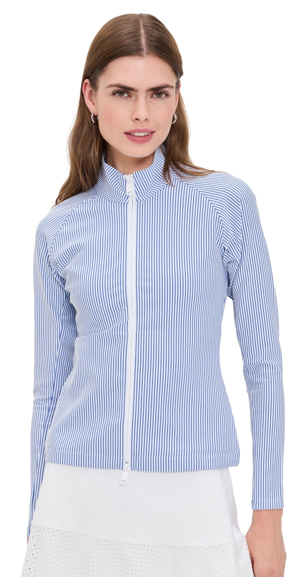 RLX Ralph Lauren Seersucker Mock Neck Zip Jacket Blue Mist/Ceramic White L