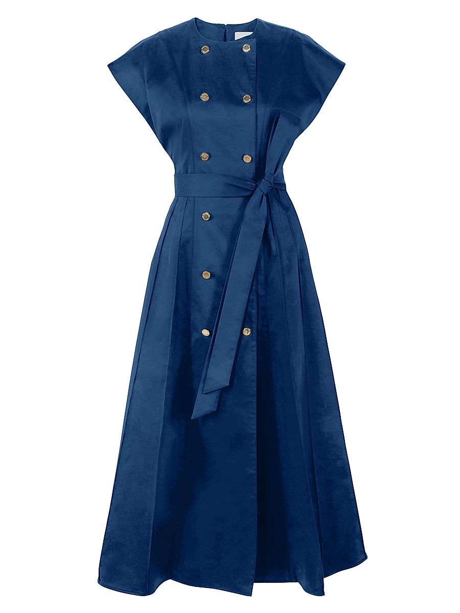 Women's Double-Breasted & Belted Stretch-Cotton A-Line Midi-Dress - Midnight - Size 8