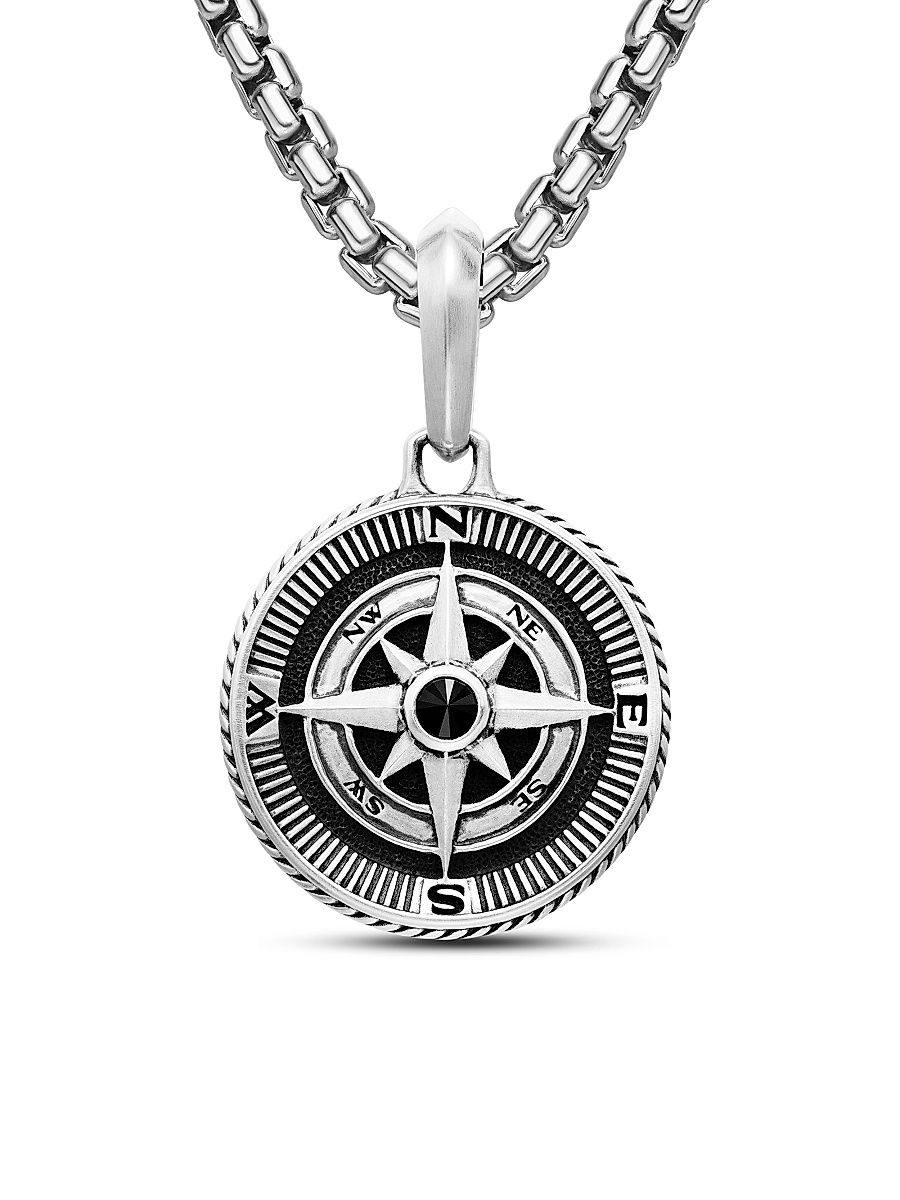Men's Maritime Sterling Silver & Black Diamond Compass Amulet - Silver