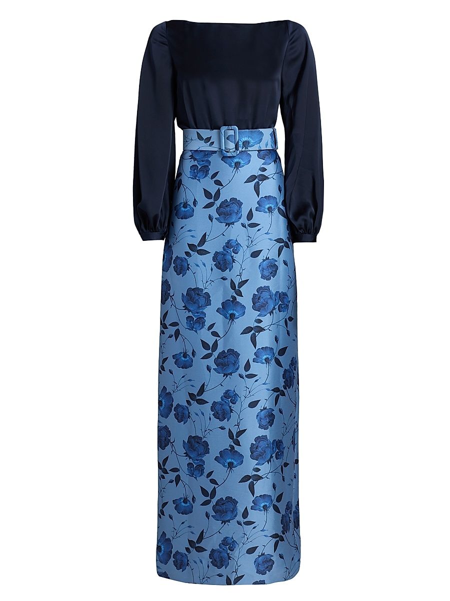 Women's Astor Satin Belted Floral Gown - Wild Steel Roses - Size 18