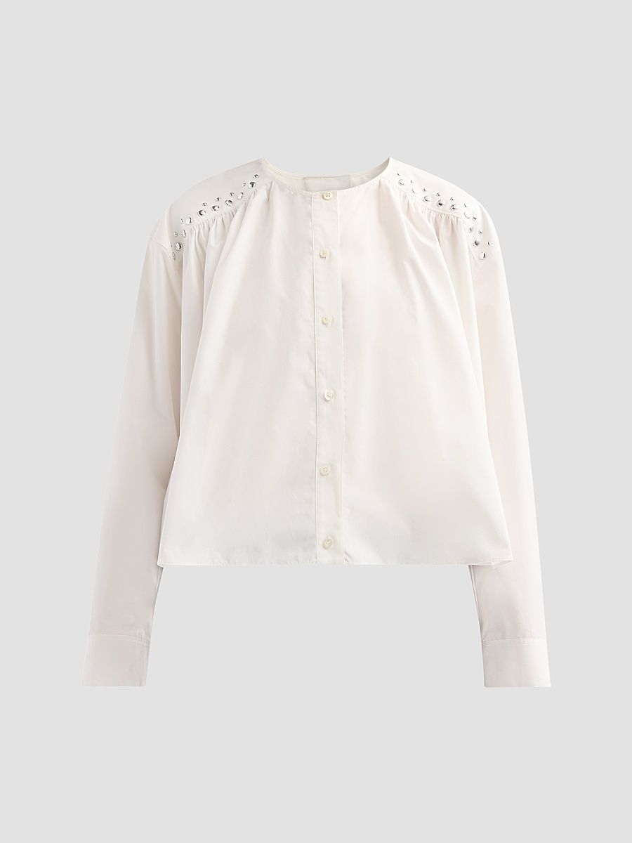 Women's Studded Cotton Poplin Gathered Blouse - White - Size XS