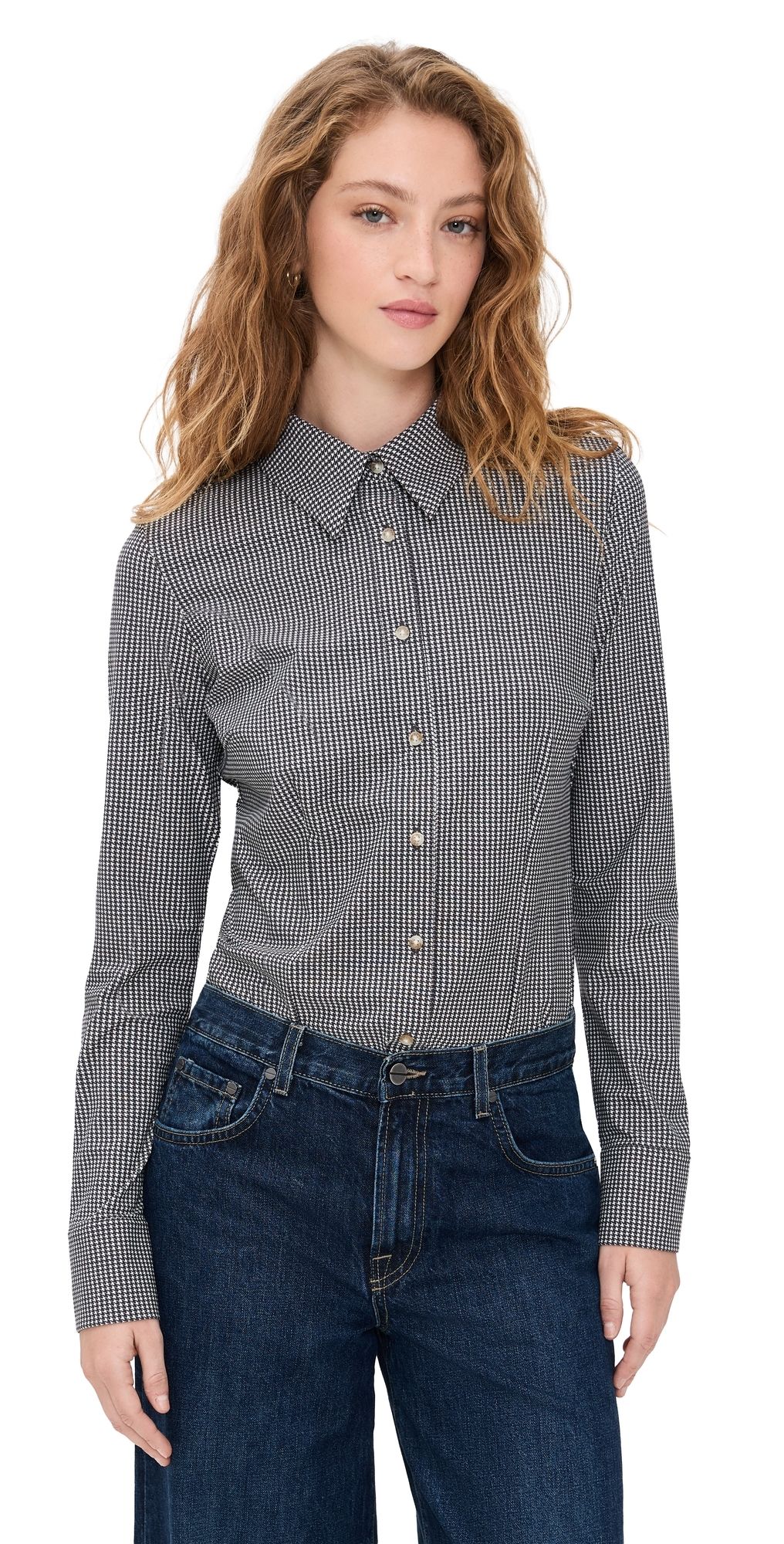 Commando Classic Print Button Down Thong Bodysuit Houndstooth Espresso M