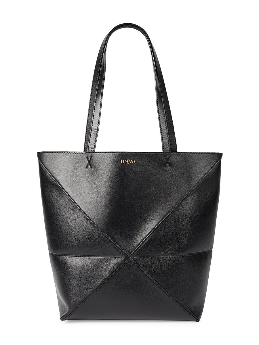 Women's Puzzle Large Leather Tote Bag - Black