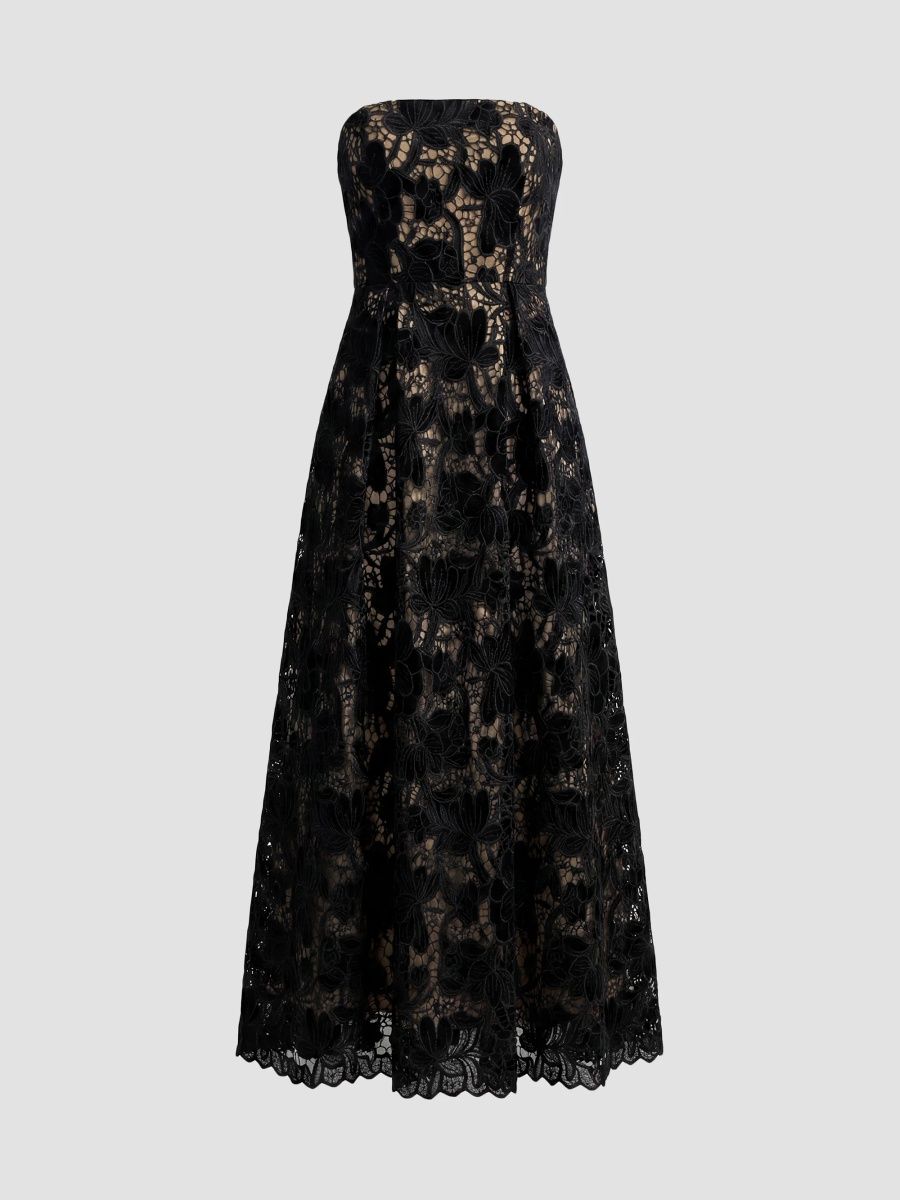 Mac Duggal Women's Velvet Floral Lace Strapless Midi Dress - Black Beige - Size 16
