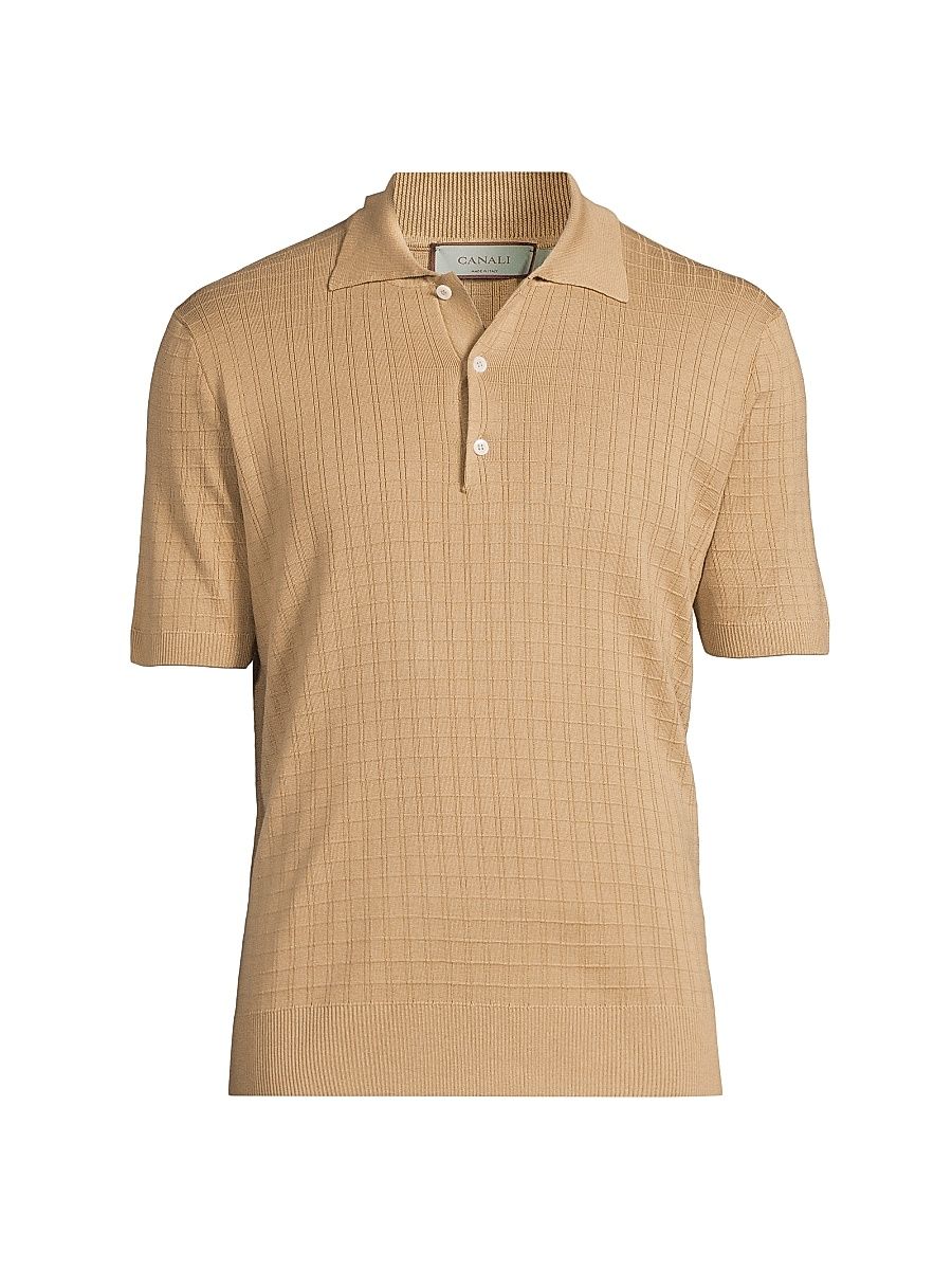 Men's Grid Silk-Cotton Polo Shirt - Light Brown - Size 44