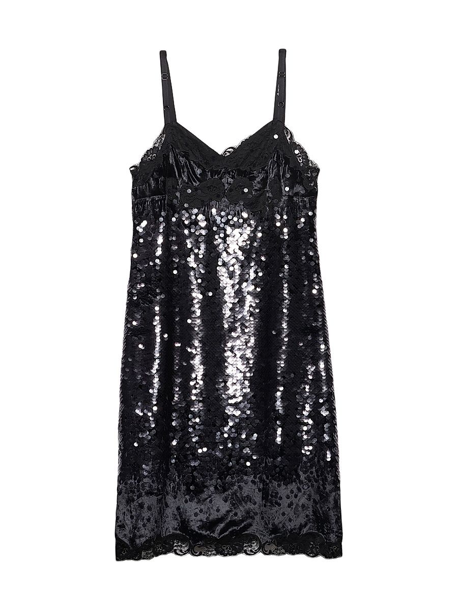 Women's Embroidered Velvet Dress with Sequins and Lace - Black - Size 6