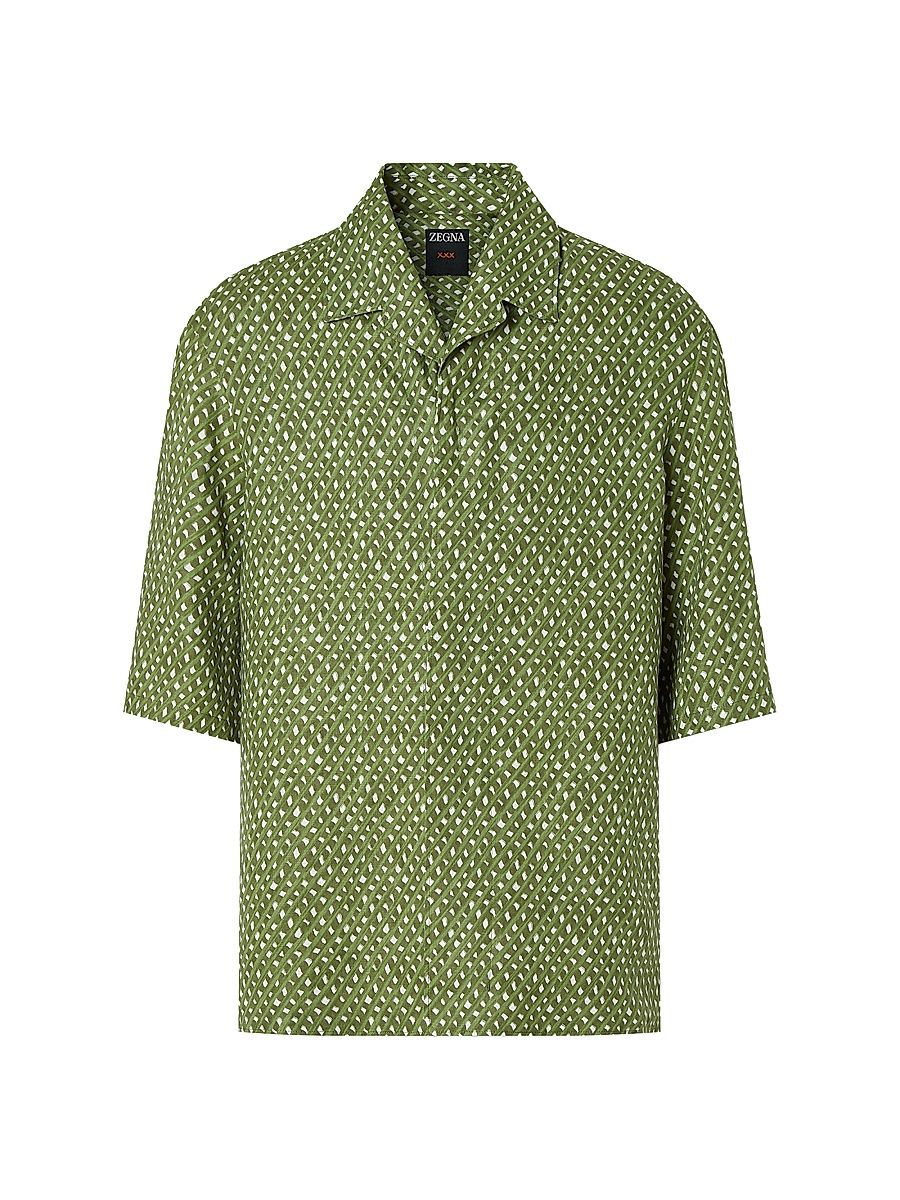 Men's Signature Printed Linen Shirt - Pine Green - Size 18.5