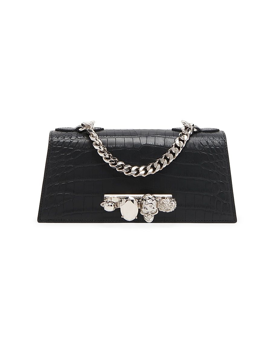 Women's Mini Jewelled Croc-Embossed Leather Shoulder Bag - Black