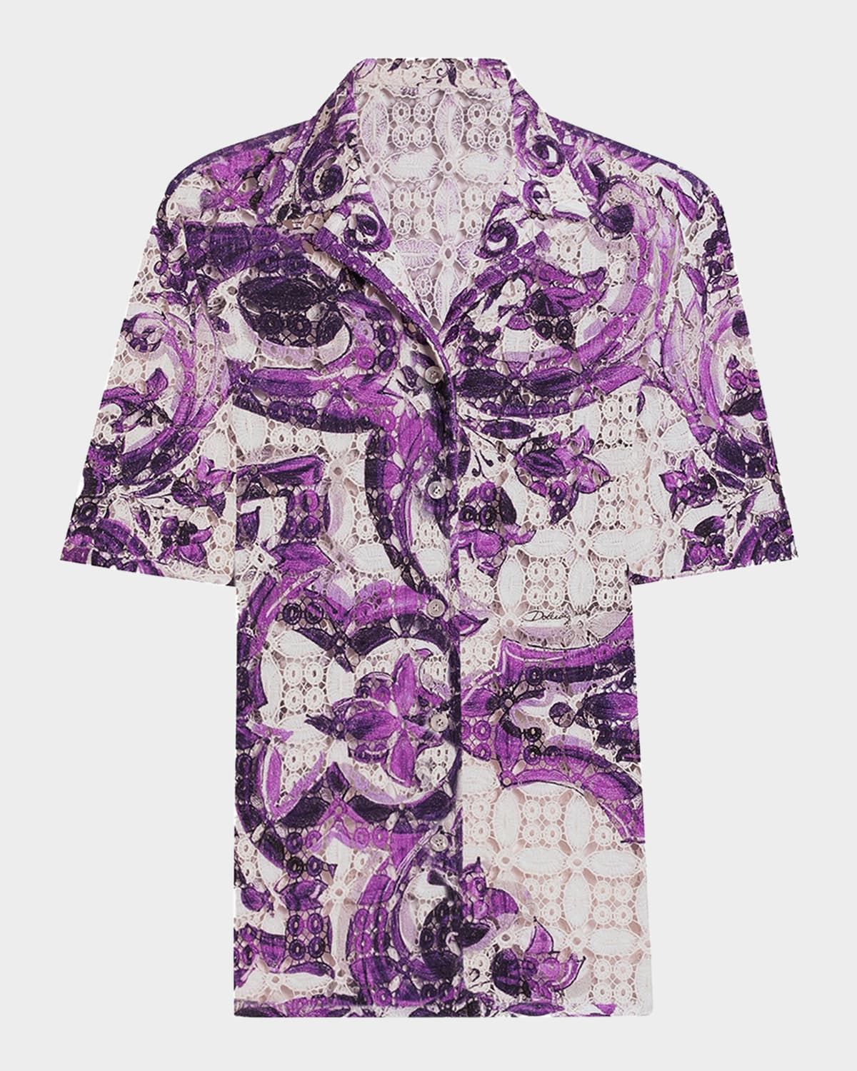 Majolica-Printed Crochet Lace Camp Shirt