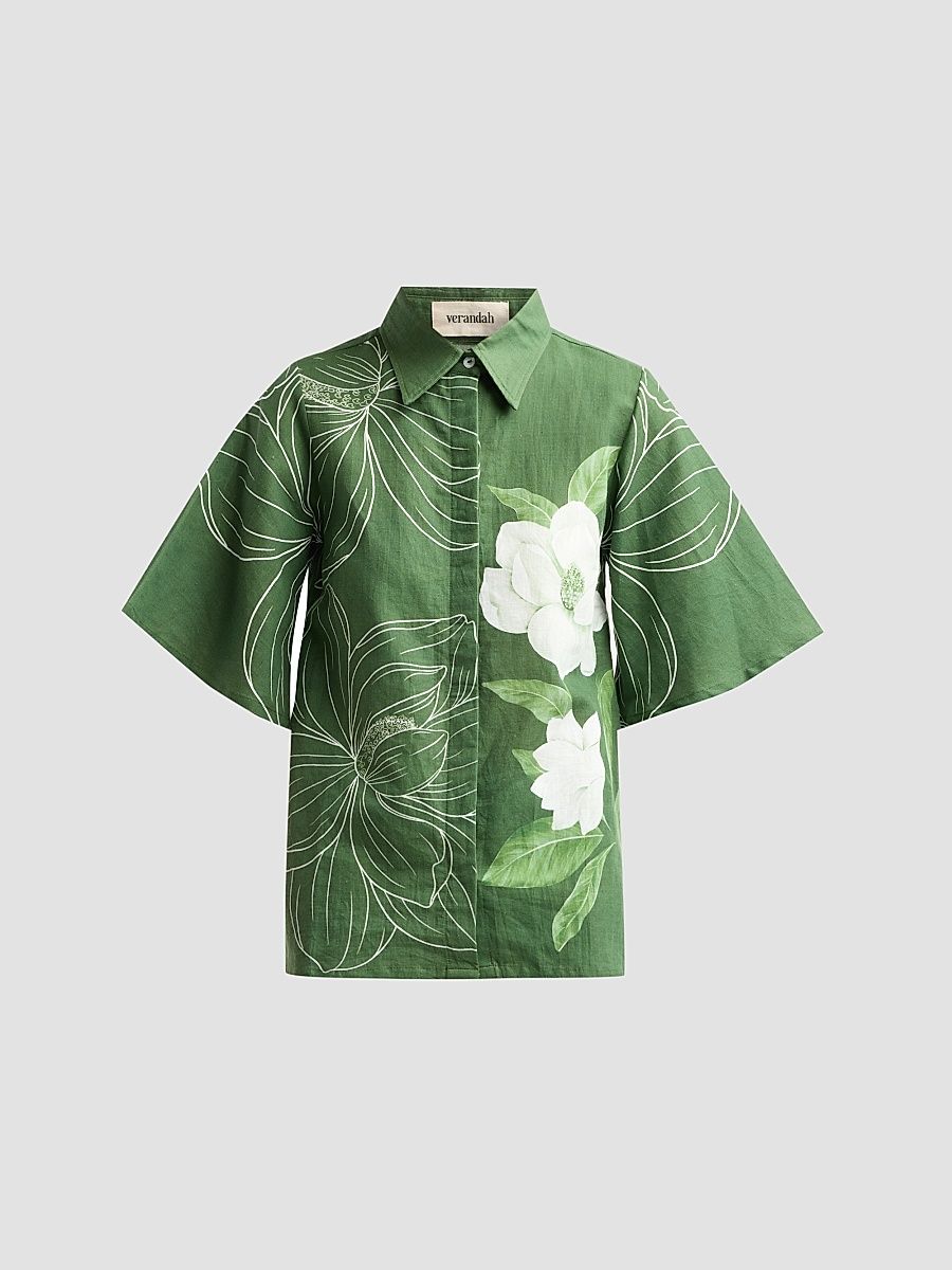 Women's Bejewelled Floral Bell Sleeve Shirt - Emerald Linear Magnolia - Size XS