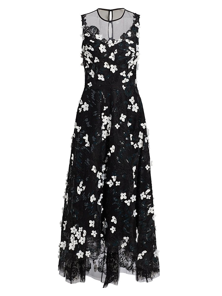 Women's Floral Appliqué High-Low Cocktail Dress - Black White - Size 16