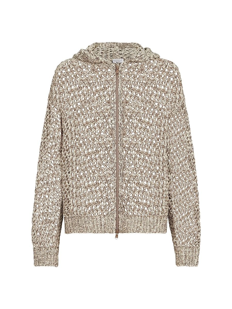 Women's Dazzling Chiné Net Hooded Cardigan in Silk and Linen with Zipper - Rope - Size XXXL