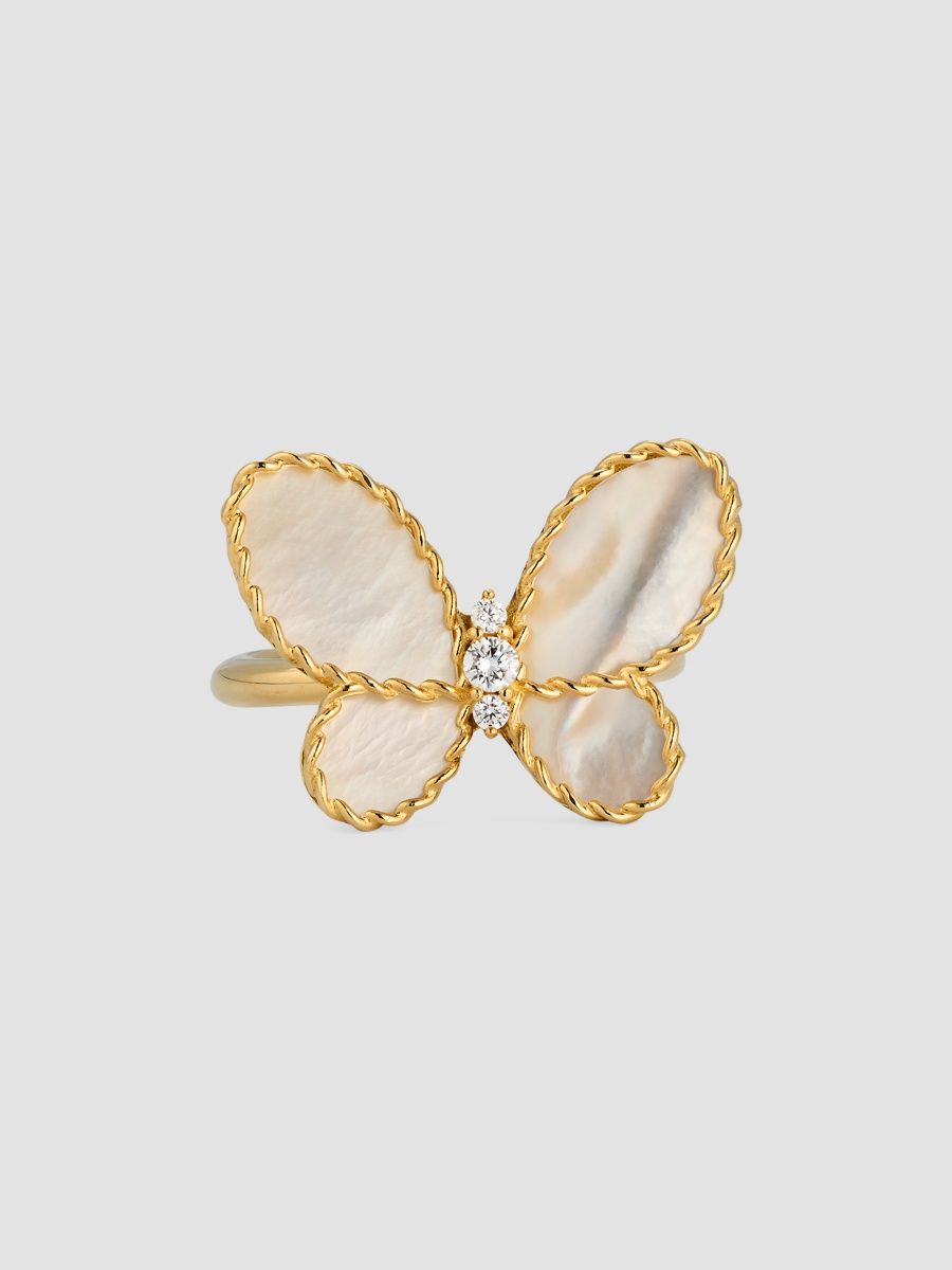 Roberto Coin Women's Jasmine 18K Yellow Gold, Mother-Of-Pearl & 0.08 TCW Diamond Butterfly Ring - Pearl - Size 6.5
