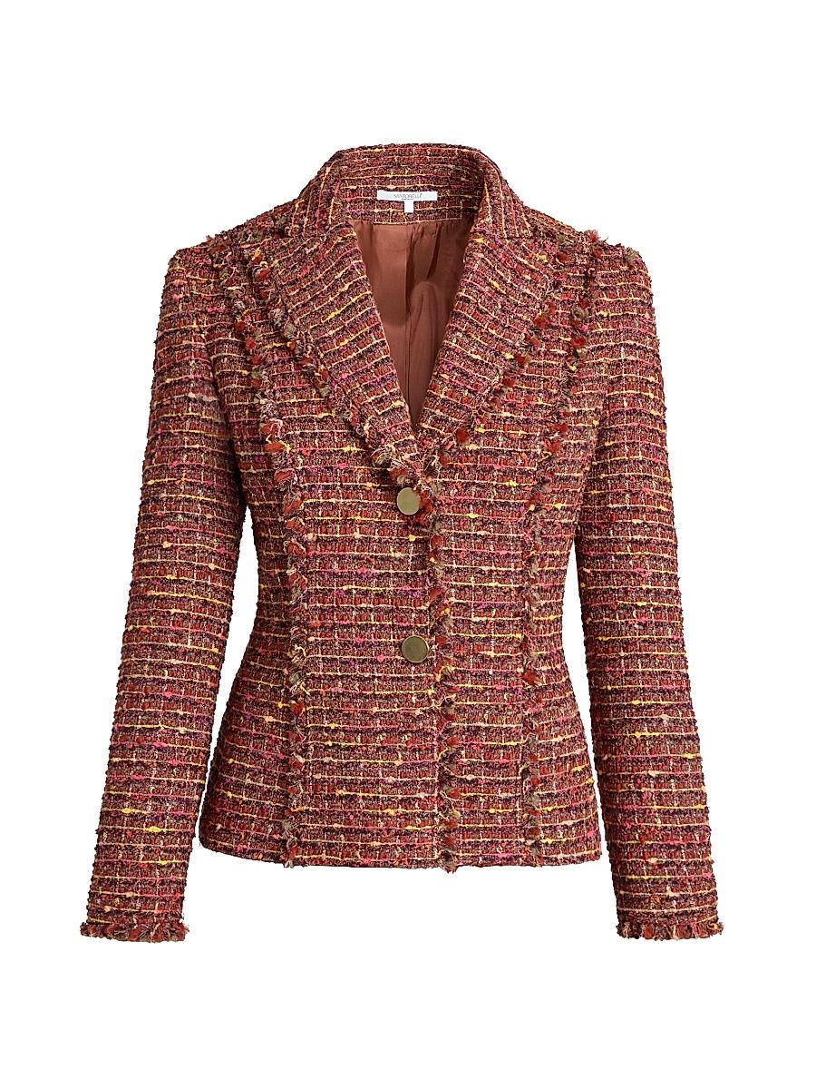 Women's Tweed Virgin Wool-Blend Frayed-Trim Jacket - Auburn Multi - Size 14