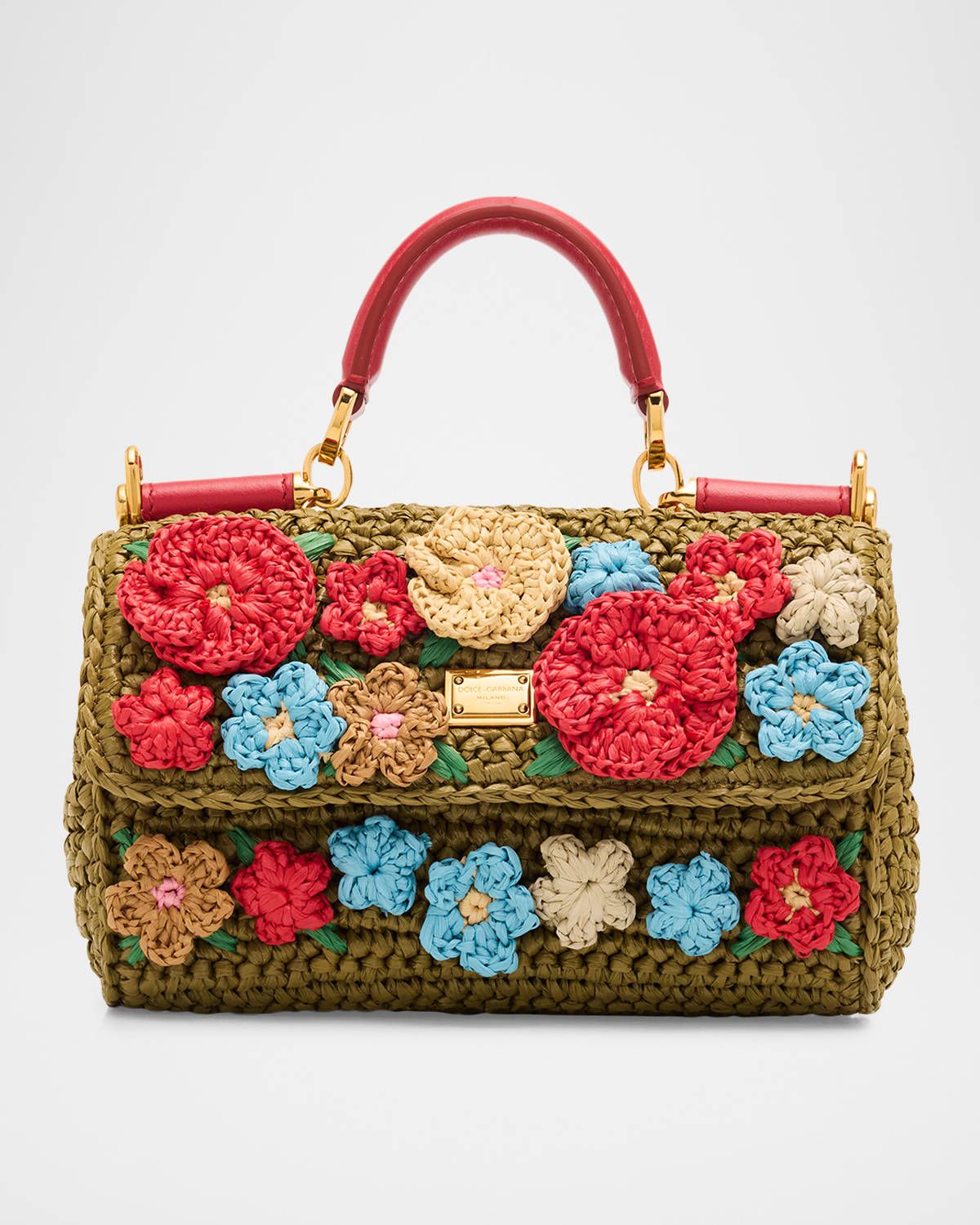 Floral Applique Crochet Faux Raffia Top-Handle Bag
