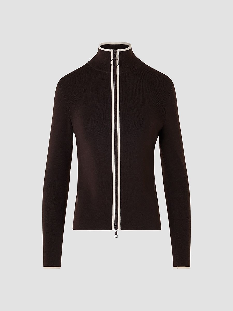 Women's Merino Wool Knit Zip Cardigan - Espresso Cream - Size 16