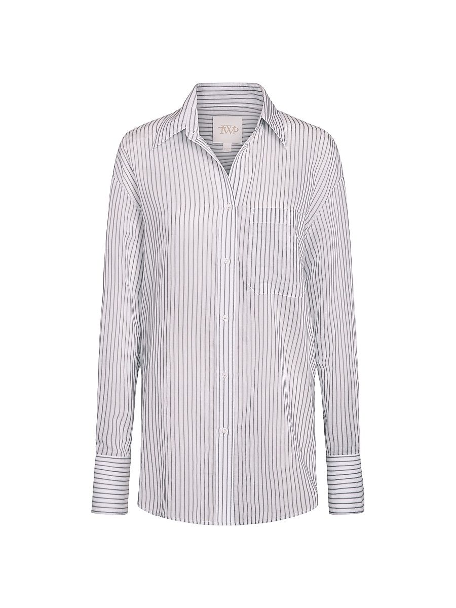 Women's Big Joe Stripe Cotton-Silk Shirt - Harbor Grey Multi - Size Medium