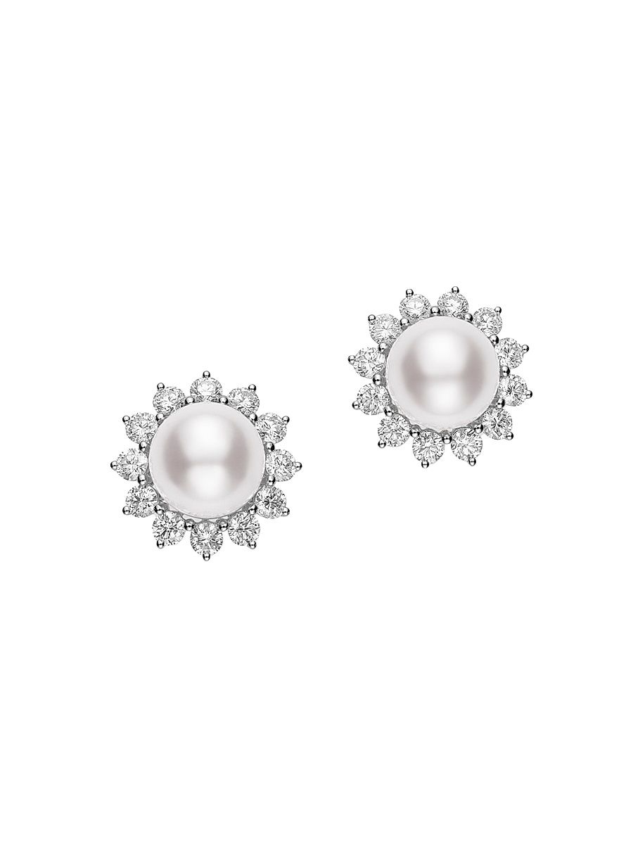 Women's 18K White Gold, Akoya Cultured Pearl 7.5MM & Diamond Classic Earrings - White Gold