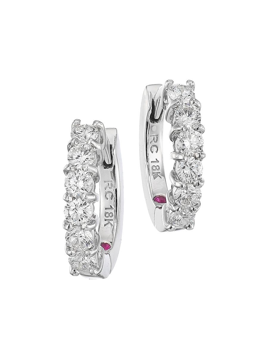 Women's 18K White Gold & 0.70 TCW Diamond Huggie Hoop Earrings/13MM - White Gold