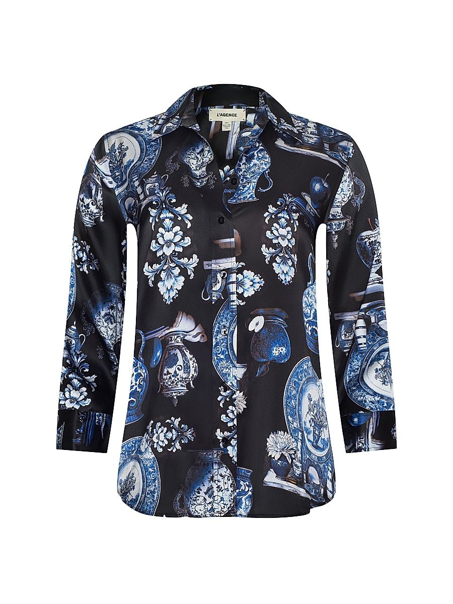 Women's Dani Graphic Silk Blouse - Black Blue Porcelain Print - Size Medium