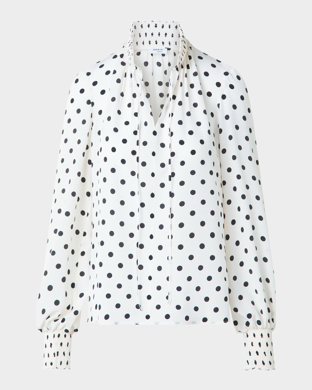 Smocked Polka Dot Silk Crepe De Chine Blouse