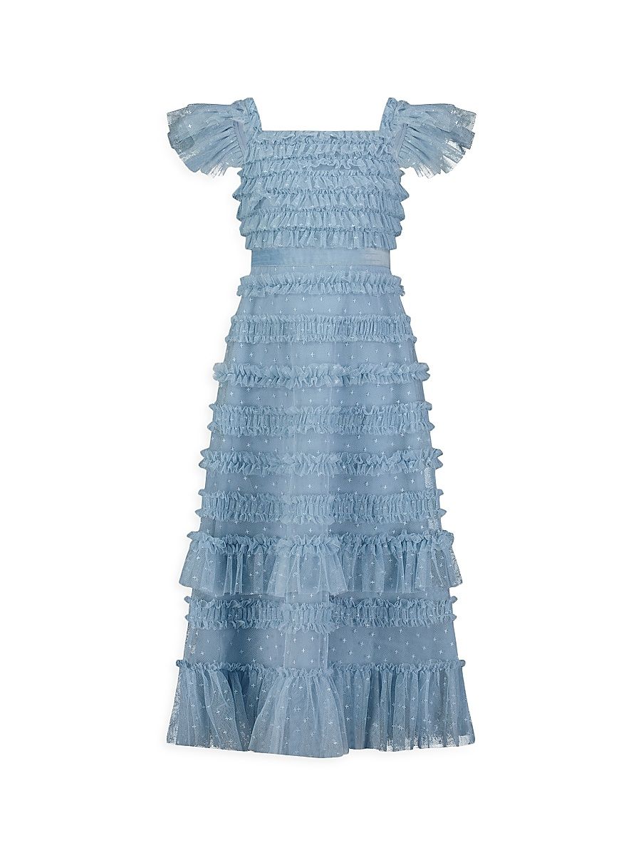 Little Girl's & Girl's Ruffle Velvet-Trimmed Gown - French Blue - Size 12