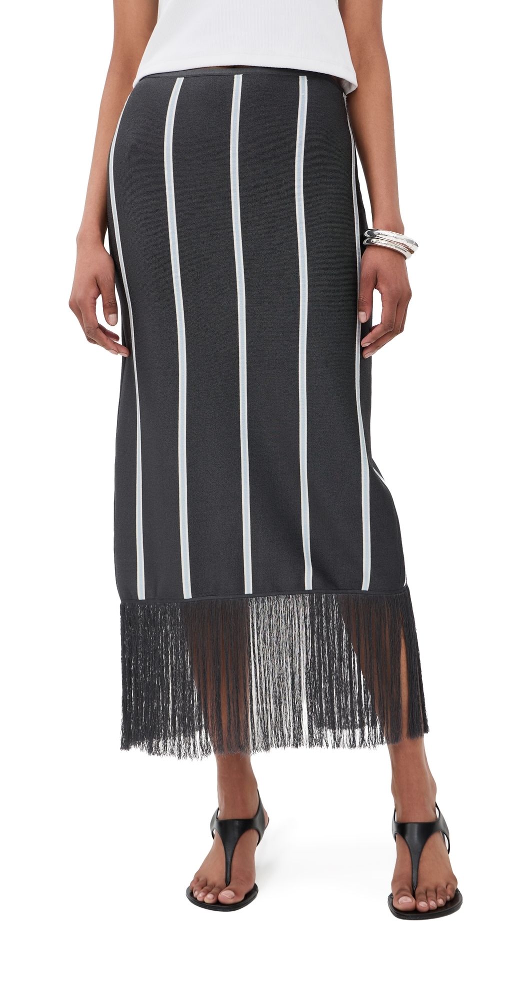3.1 Phillip Lim Striped Midi Skirt with Fringe Slate Multi S
