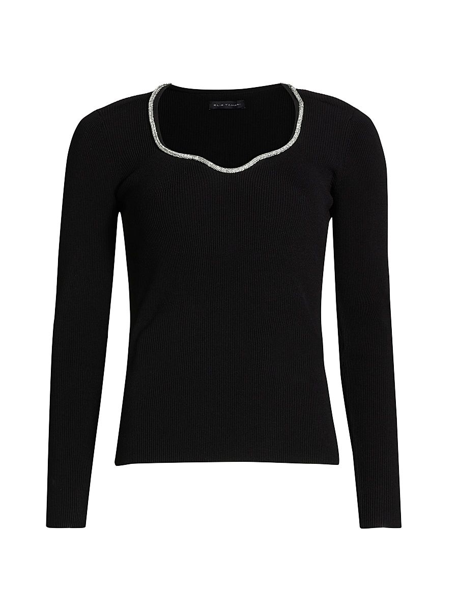Women's Ana Embellished Rib-Knit Sweater - Noir - Size Medium