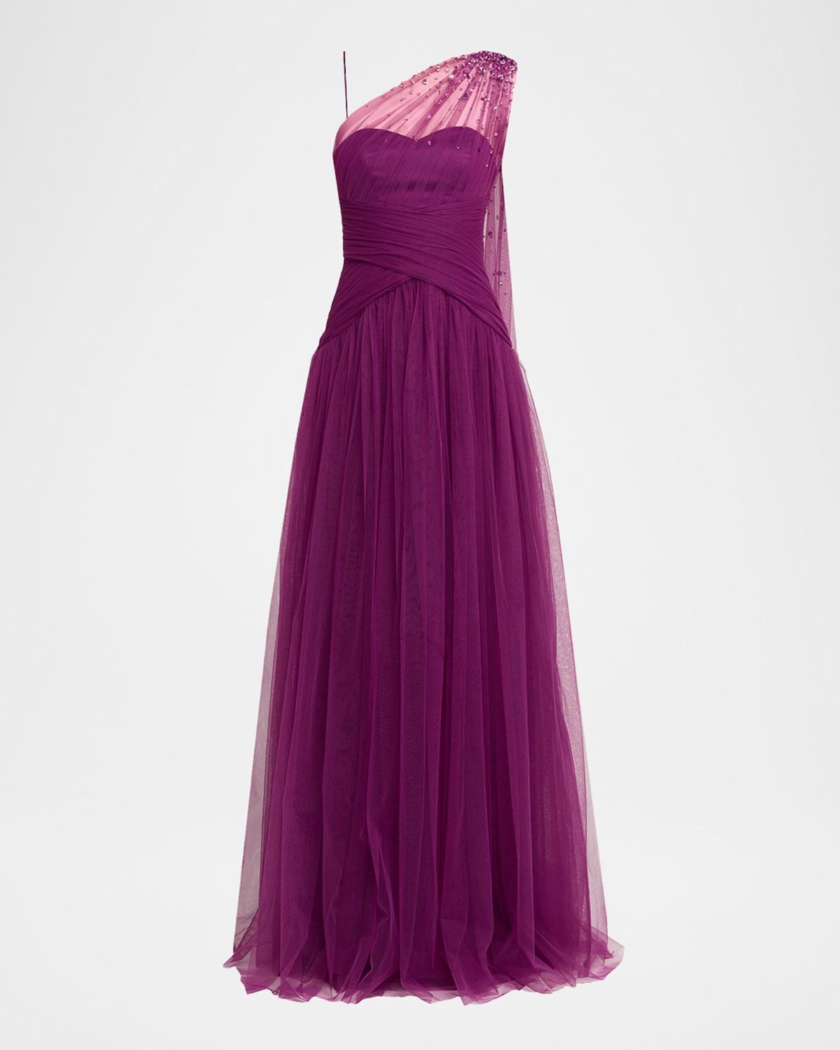 Embellished Tulle One-Shoulder Cape Gown