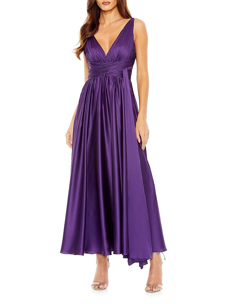 Women's Pleated Charmeuse Halter A-Line Gown - Purple - Size 14