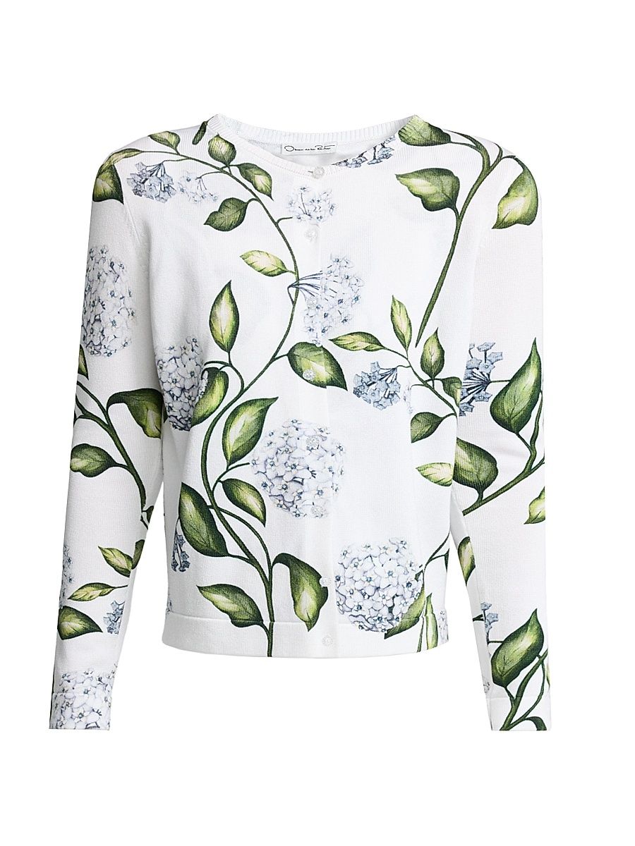 Women's Porcelain Flower Cotton-Blend Cardigan - Denim White - Size XL