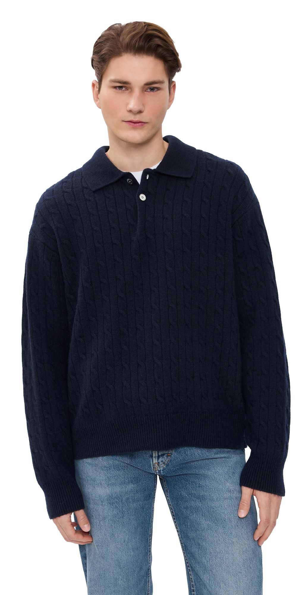 FRAME Cable Polo Sweater Dark Navy L