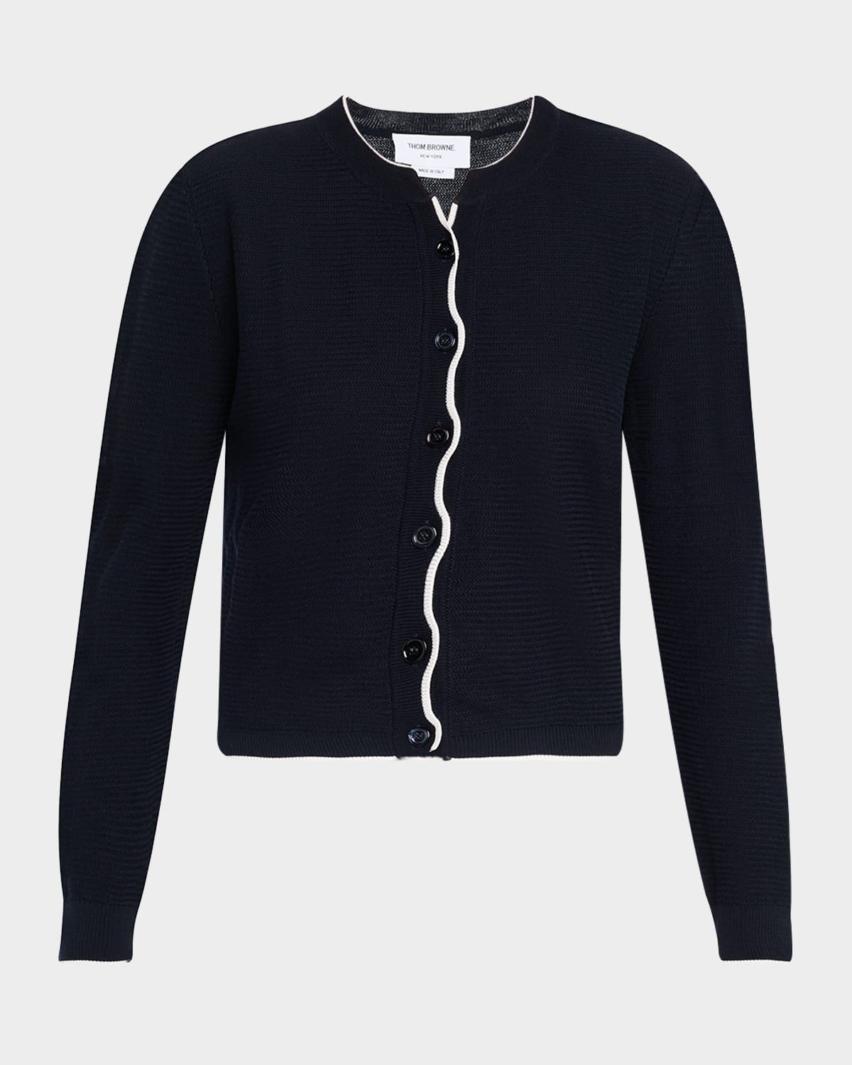 Textured Stitch Crew Neck Cardigan In Wool Crepe