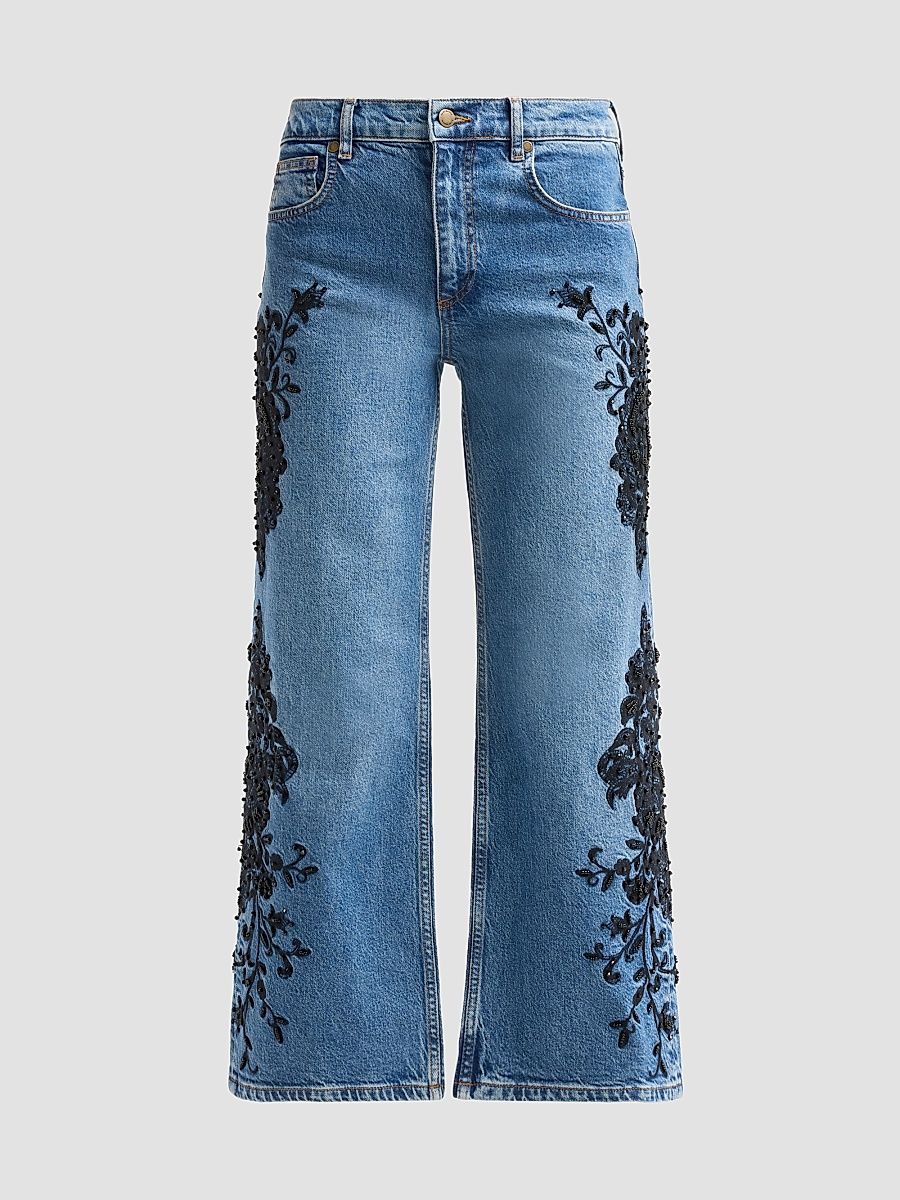 Women's Lea Beaded High-Rise Wide-Leg Crop Jeans - Mid Cerulean - Size 23