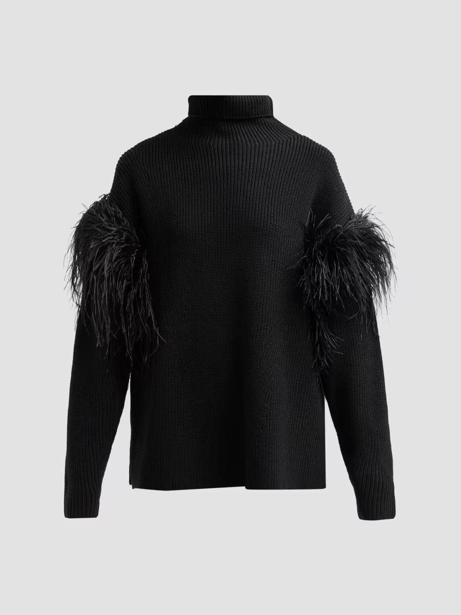 LaPointe Women's Wool Feather-Trimmed Turtleneck Sweater - Black - Size XS