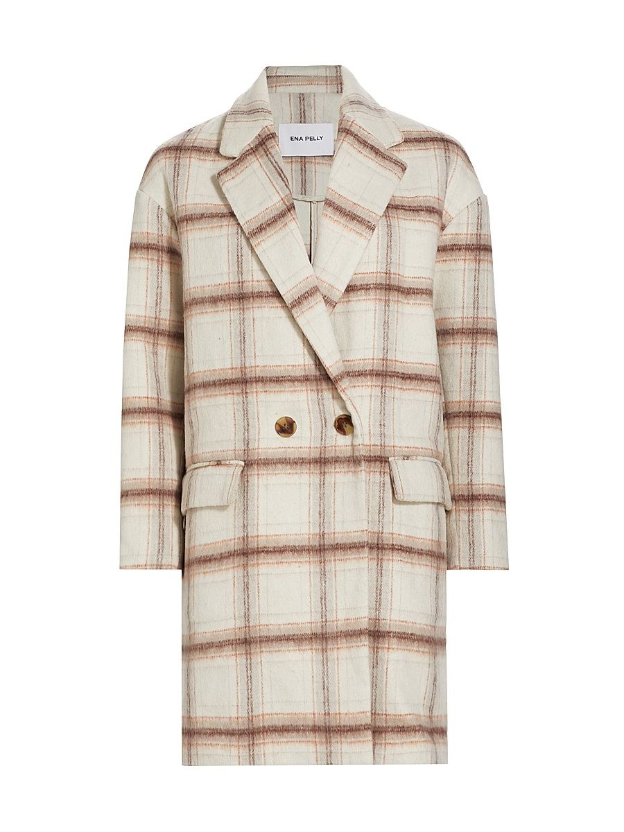 Women's Plaid Wool-Blend Oversized Double-Breasted Coat - Camel Check - Size 12