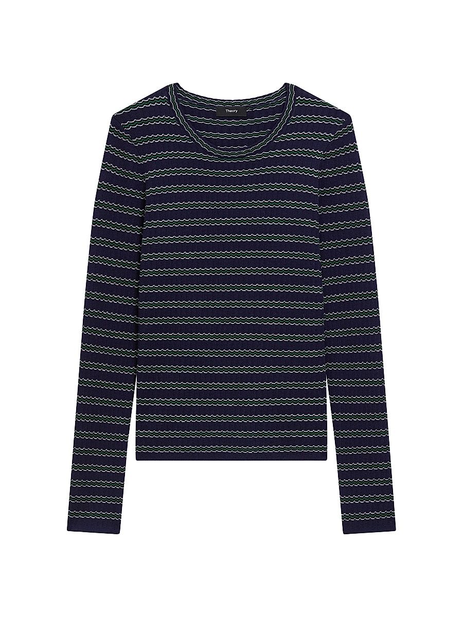 Women's Striped Wool Rib-Knit Long-Sleeve Top - Deep Navy Multi - Size Large