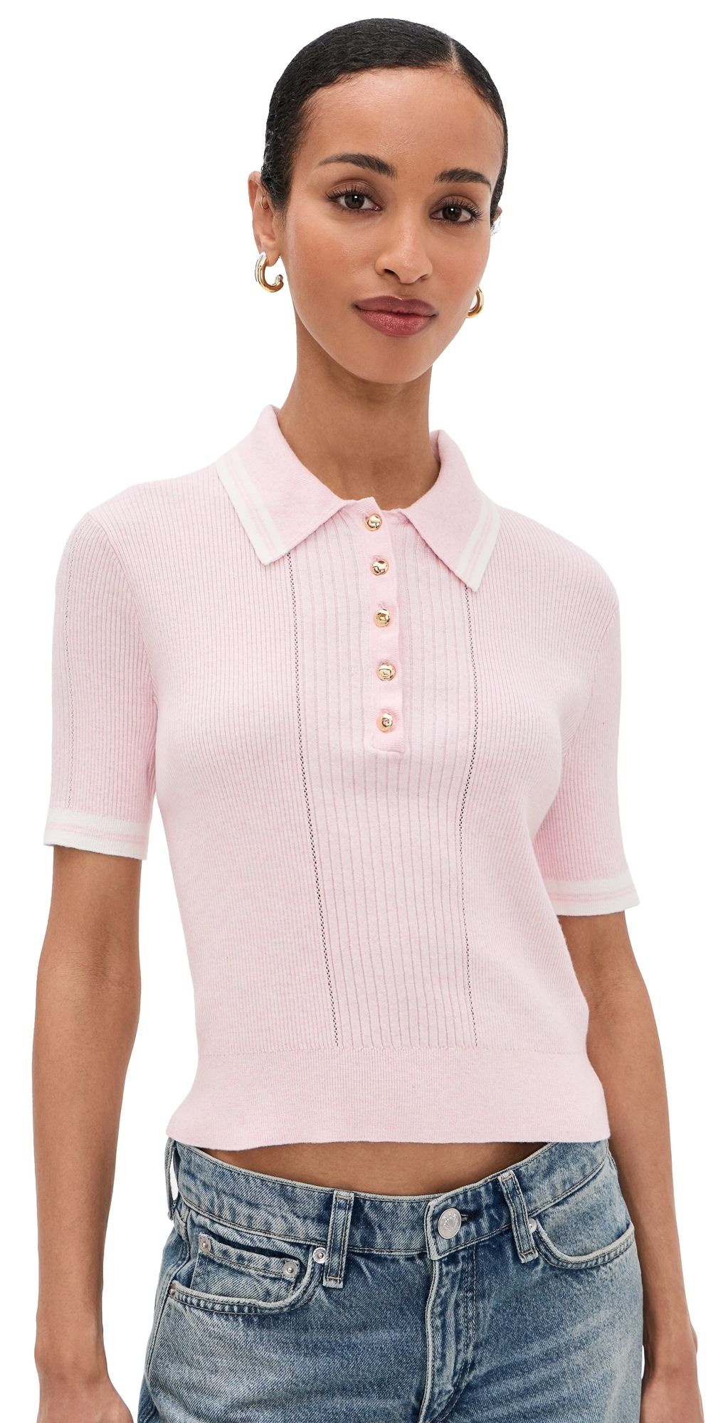 rag & bone Laurie Tipped Short Sleeve Polo Light Pink M