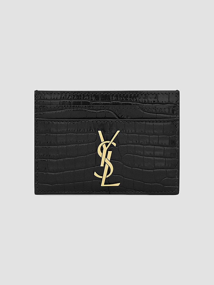 Saint Laurent Women's Cassandre Saint Laurent Card Case in Crocodile-Embossed Shiny Leather - Nero