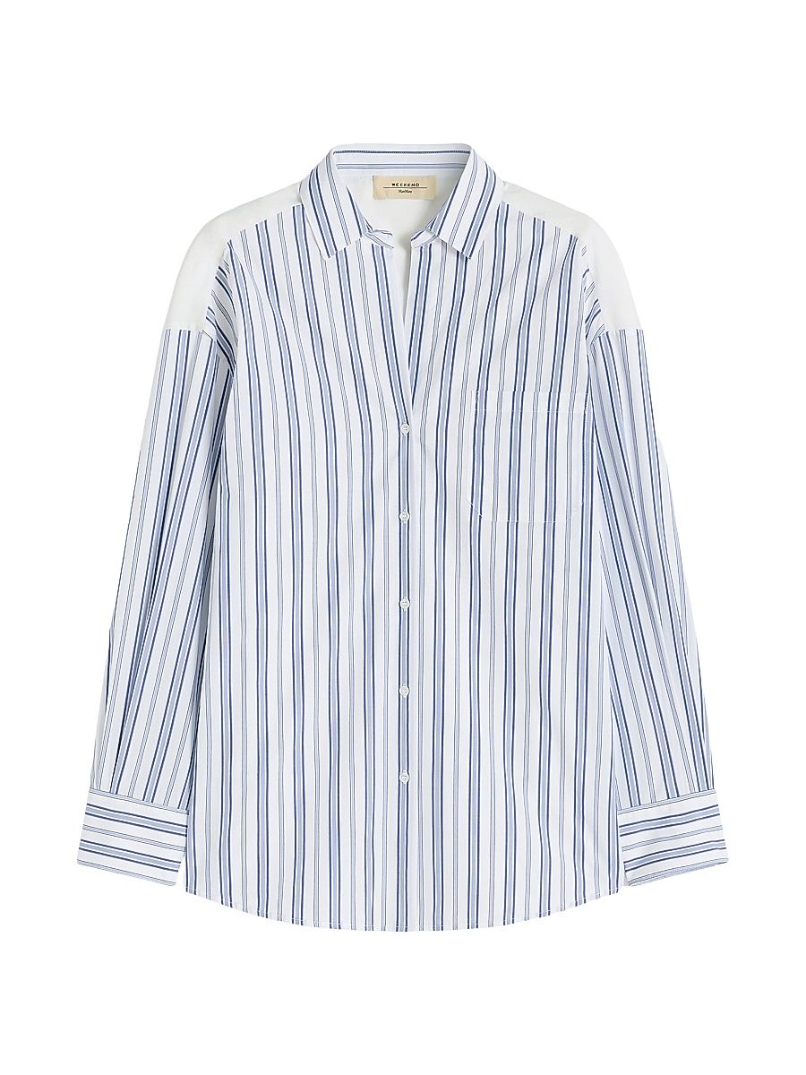 Women's Striped Cotton Shirt with Eyelet Lace - Navy - Size 16