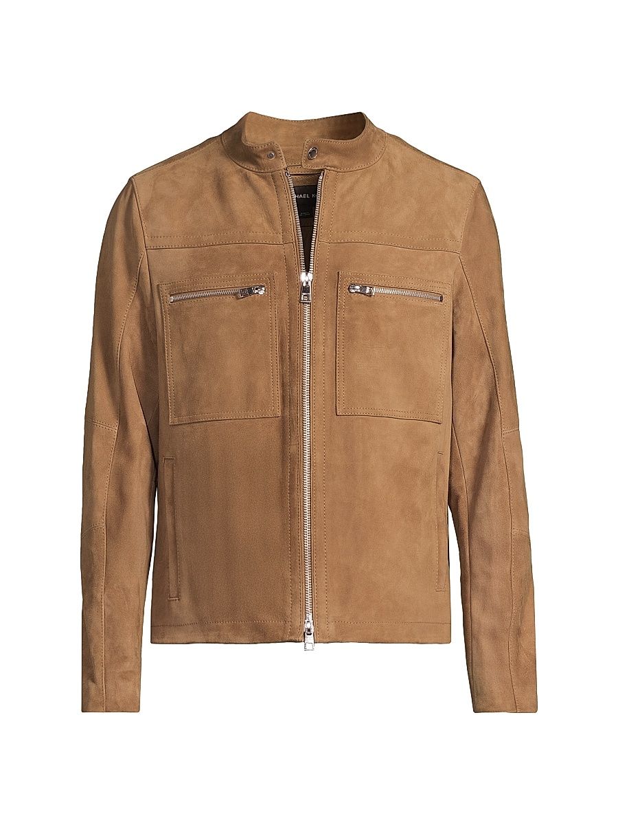 Men's Suede Two-Way Zip-Up Racer Jacket - Dark Camel - Size Small