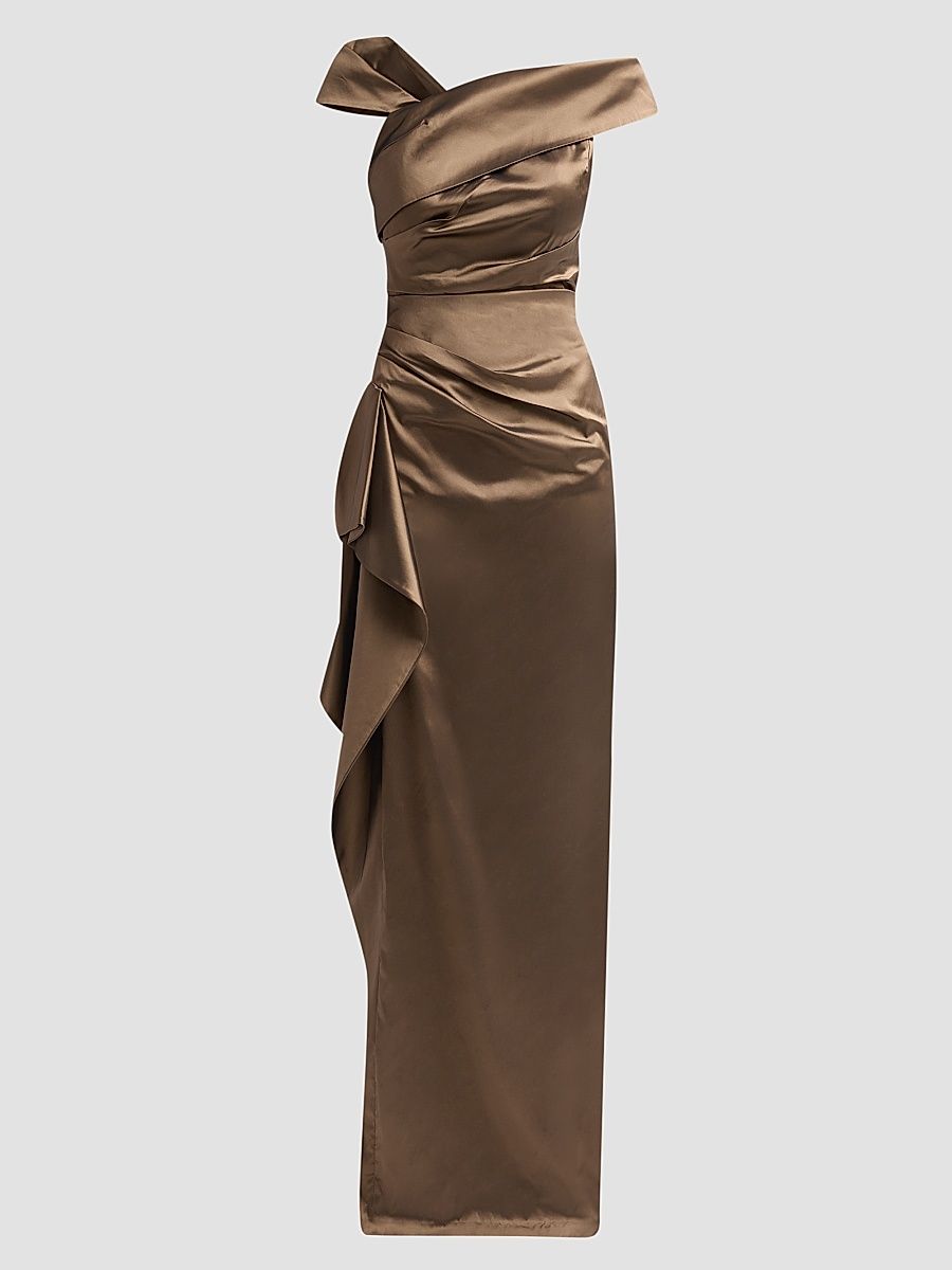 Women's Draped Woven Taffeta Column Gown - Bronze - Size 2