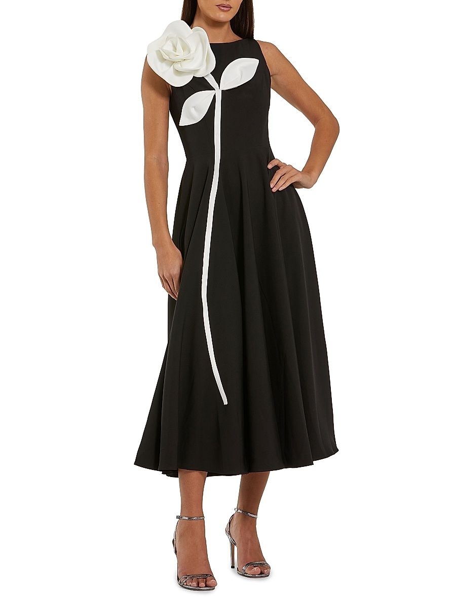 Women's Floral Appliqué Crepe A-Line Midi-Dress - Black Ivory - Size 16