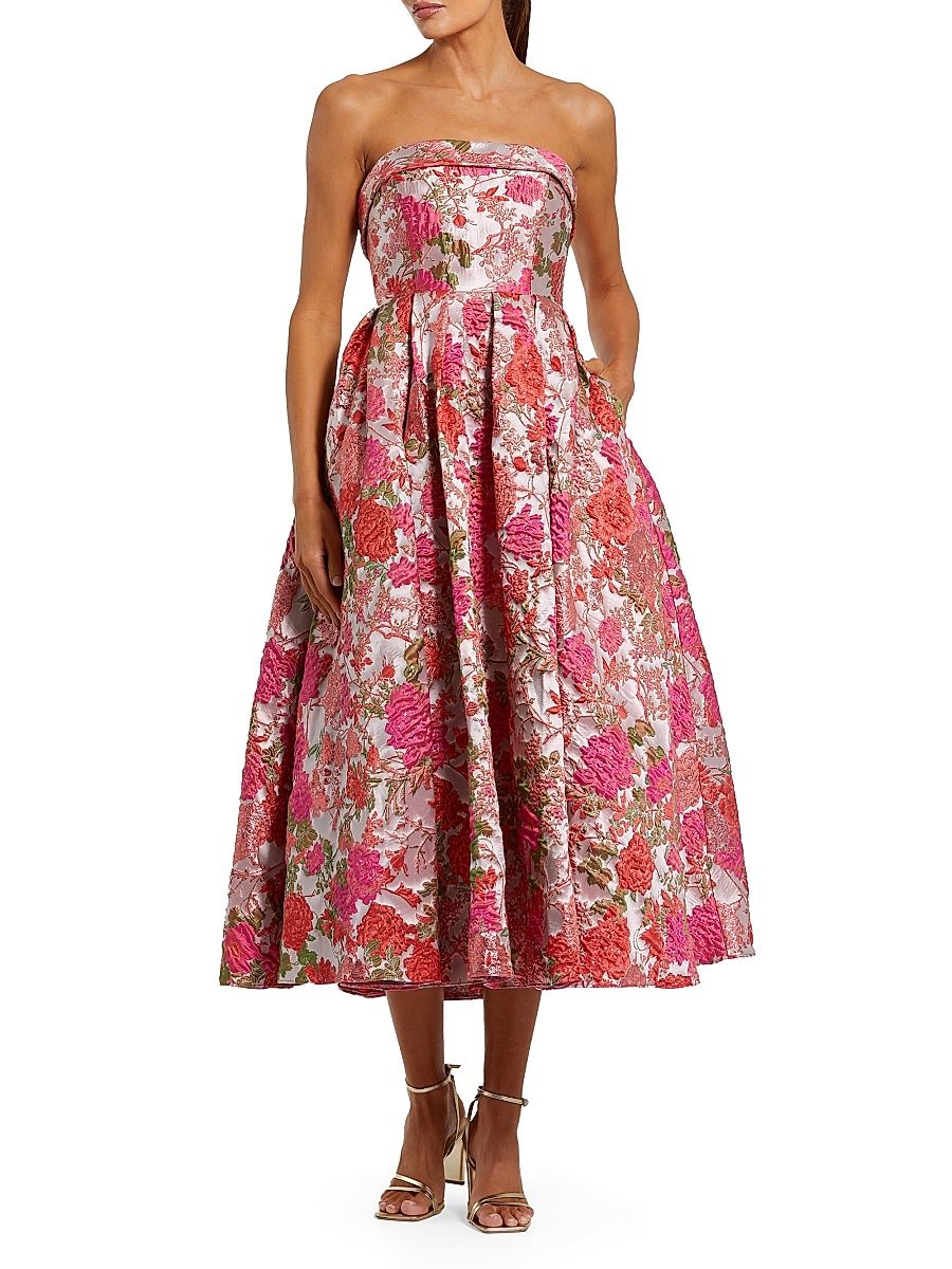 Women's Floral Brocade Fit-&-Flare Strapless Midi-Dress - Pink Multi - Size 16