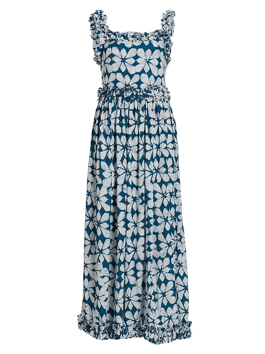 Women's Aje Geometric Ruffle-Trim Maxi Dress - Teal And White - Size Medium