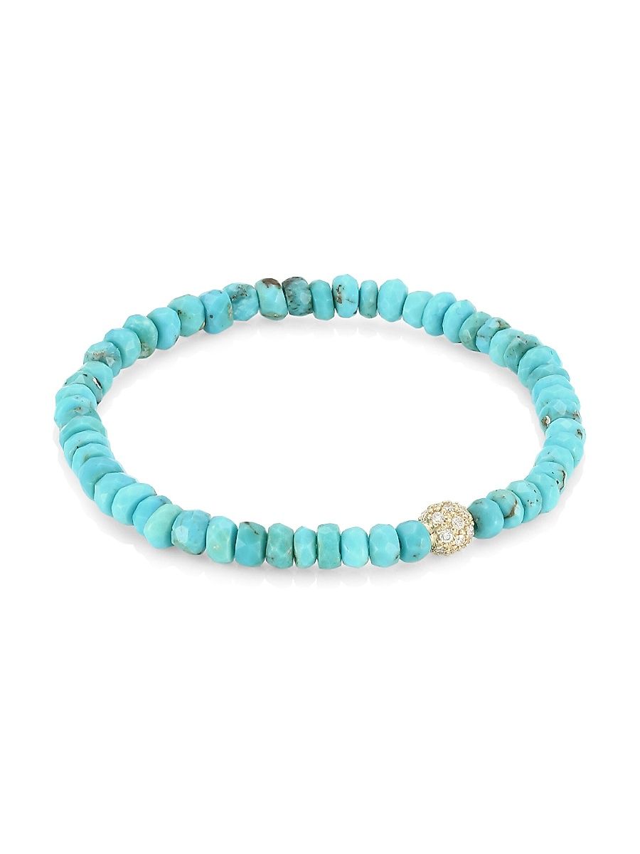 Women's 14K Yellow Gold, Turquoise & Diamond Pavé Ball Beaded Bracelet - Turquoise